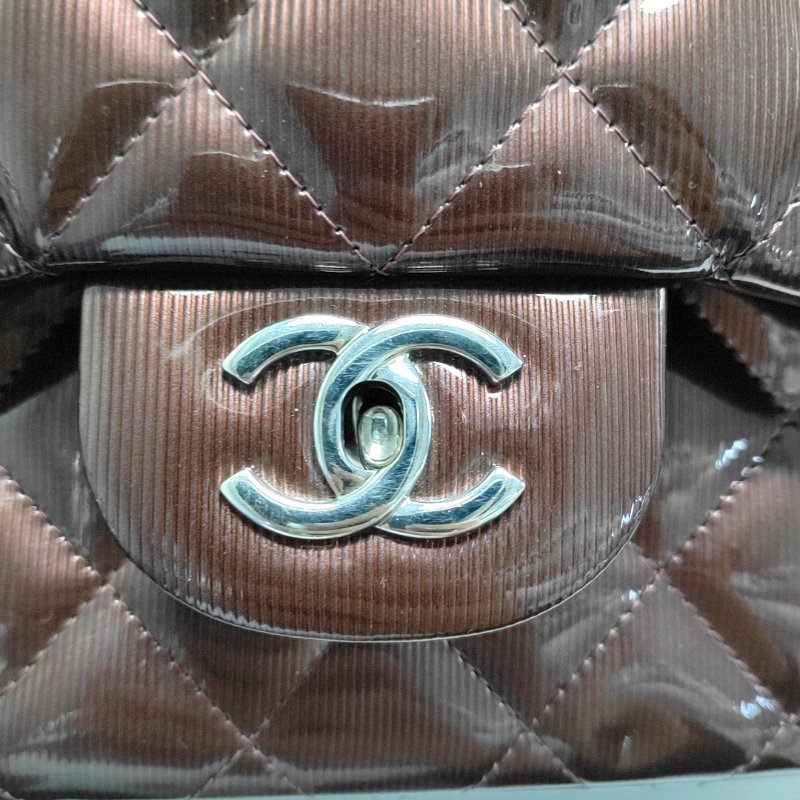 CHANEL CLASSIC FLAP酒紅色牛漆皮菱格紋絎縫單肩包 銀色五金 17開-7