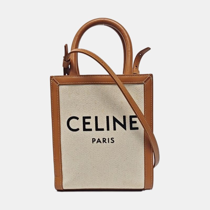 CELINE CABAS CELINE迷你 白色帆布印花单肩包斜挎包手提包金色五金可拆卸肩带-7