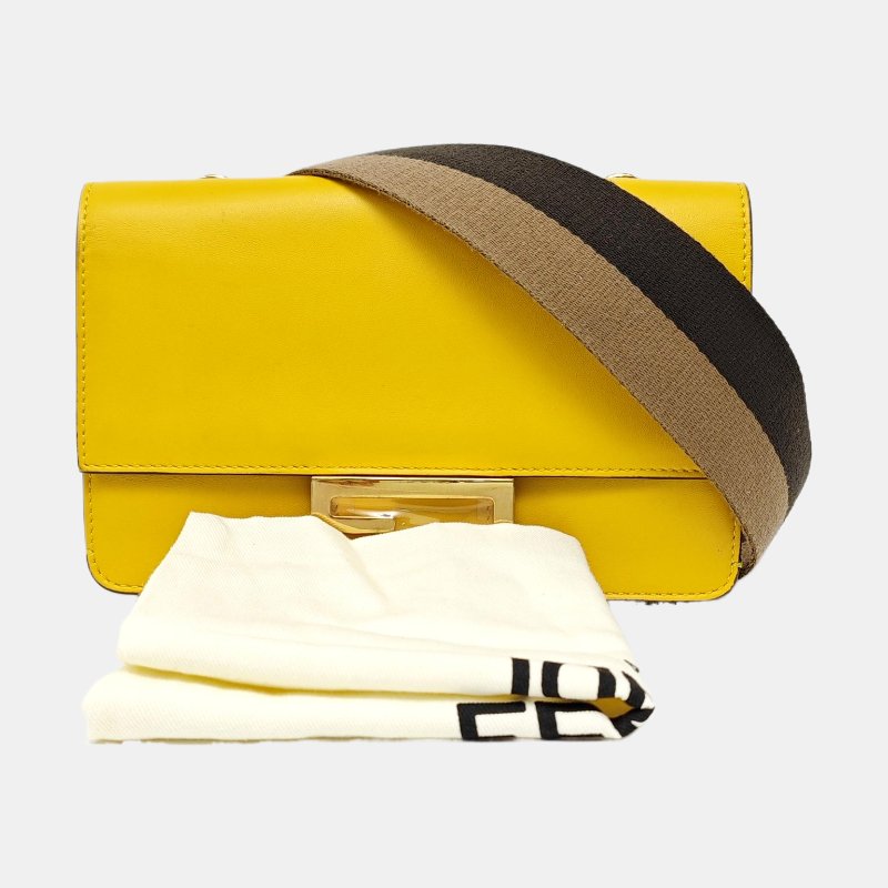 FENDI Baguette黃色牛皮單肩包斜挎包金色五金 可拆卸肩帶-7