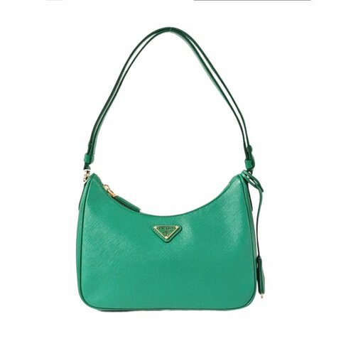 PRADA Re-Edition 迷你 綠色牛皮徽標十字紋單肩包手提包 金色五金 9.8新