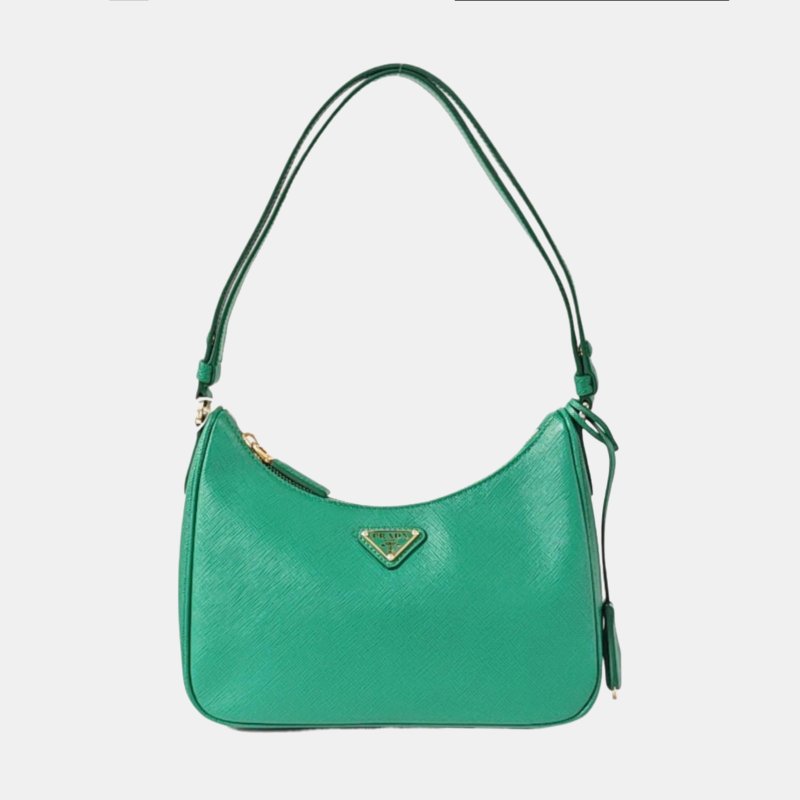 PRADA Re-Edition 迷你 綠色牛皮徽標十字紋單肩包手提包 金色五金 9.8新-7