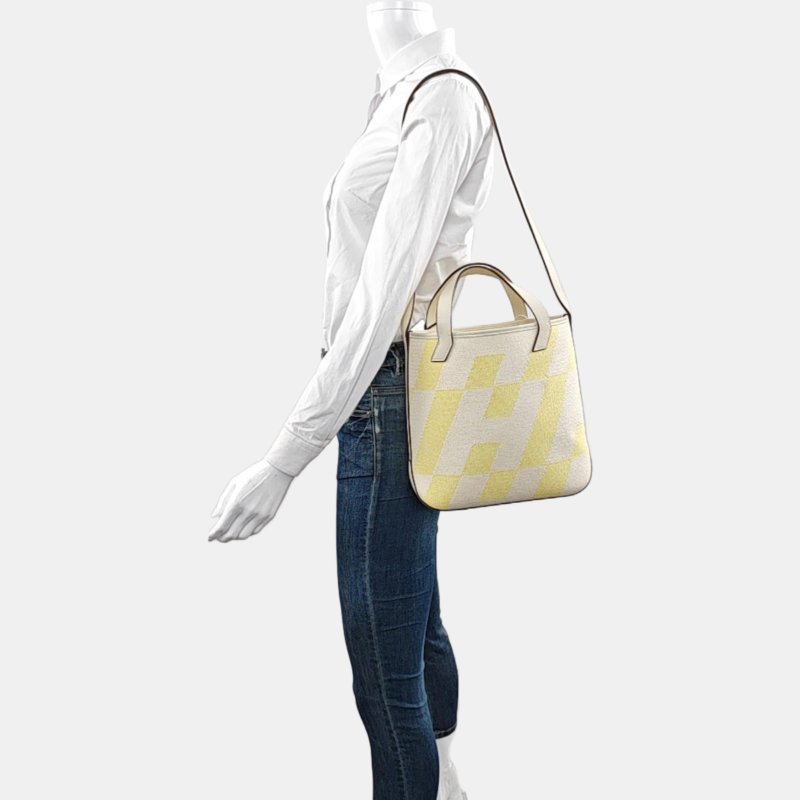 HERMES Cabas H En Biais奶油白帆布提花單肩包手提包斜挎包B刻-1