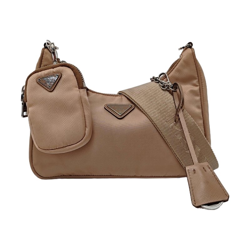 PRADA Re-Edition2005卡其色尼龍徽標單肩包斜挎包 銀色五金 子袋 2條可拆卸肩帶-0