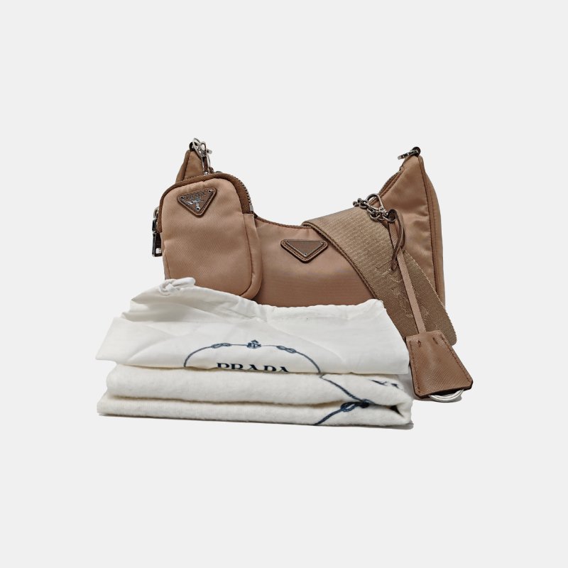 PRADA Re-Edition2005卡其色尼龍徽標單肩包斜挎包 銀色五金 子袋 2條可拆卸肩帶-7