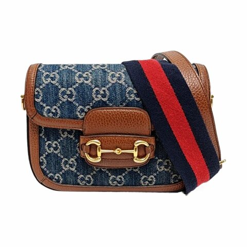 GUCCI Horsebit 1955迷你藍色牛仔布馬銜扣斜挎包單肩包 金色五金 2條可拆卸肩帶