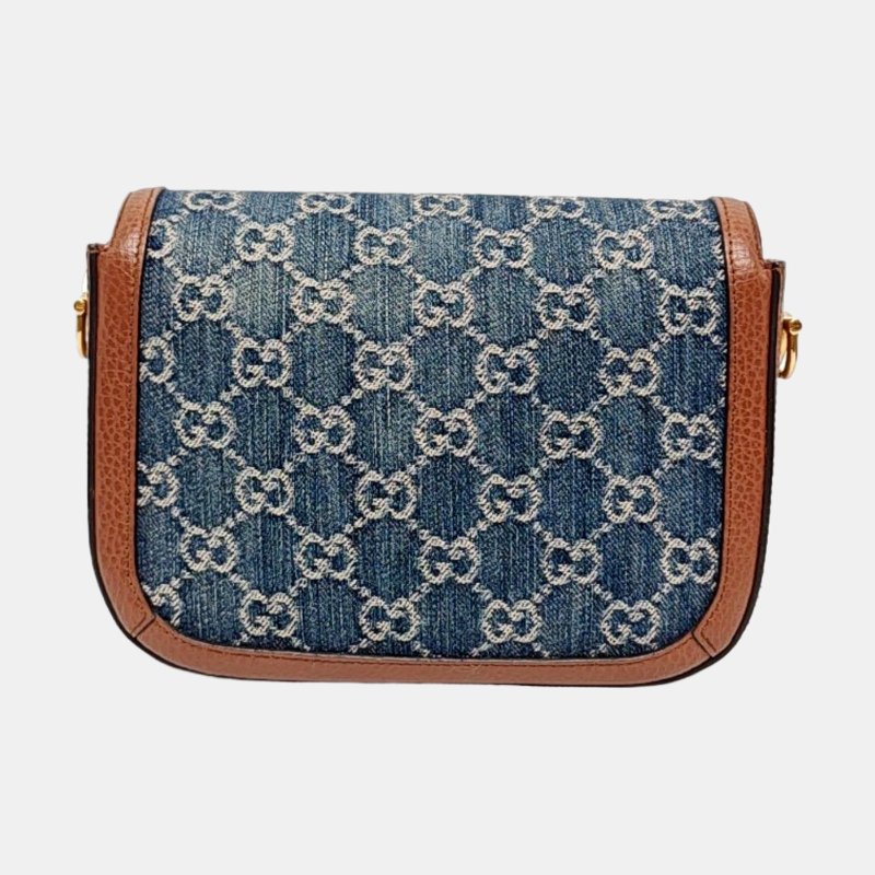 GUCCI Horsebit 1955迷你藍色牛仔布馬銜扣斜挎包單肩包 金色五金 2條可拆卸肩帶-4