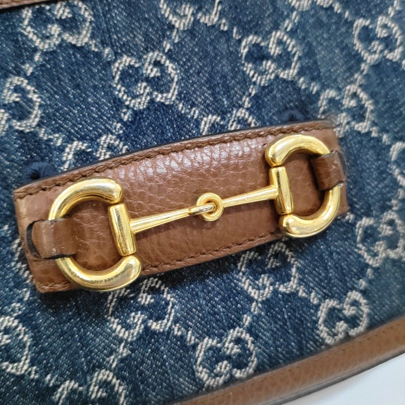 GUCCI Horsebit 1955迷你藍色牛仔布馬銜扣斜挎包單肩包 金色五金 2條可拆卸肩帶-8
