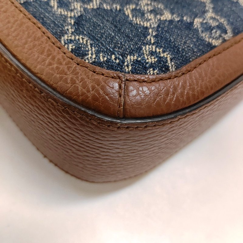 GUCCI Horsebit 1955迷你藍色牛仔布馬銜扣斜挎包單肩包 金色五金 2條可拆卸肩帶-10