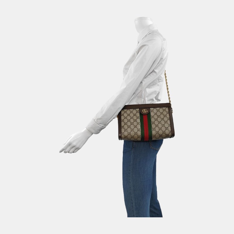 GUCCI Ophidia小號米色塗層帆布老花印花單肩包 金色五金-1