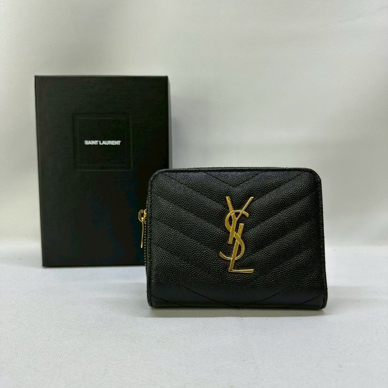 YSL 黑金魚子醬牛皮短夾-0