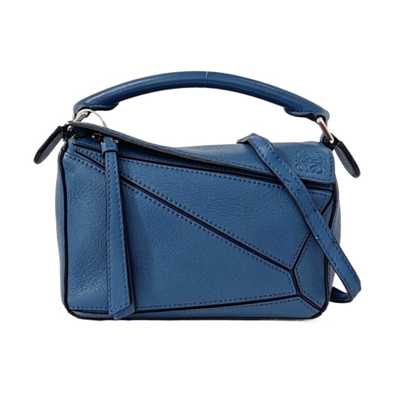 LOEWE Puzzle迷你藍色牛皮幾何包單肩包手提包斜挎包銀色五金可拆卸肩帶-0