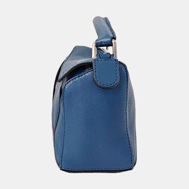 LOEWE Puzzle迷你藍色牛皮幾何包單肩包手提包斜挎包銀色五金可拆卸肩帶-2