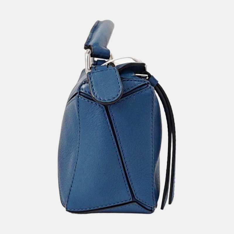 LOEWE Puzzle迷你藍色牛皮幾何包單肩包手提包斜挎包銀色五金可拆卸肩帶-3