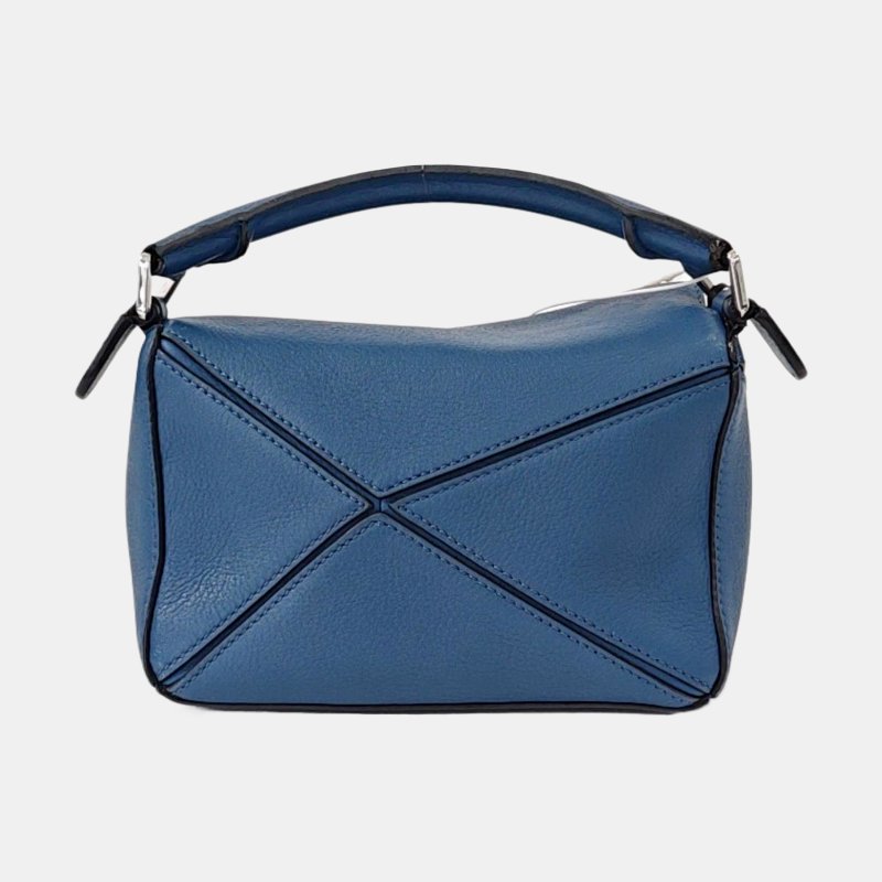 LOEWE Puzzle迷你藍色牛皮幾何包單肩包手提包斜挎包銀色五金可拆卸肩帶-4