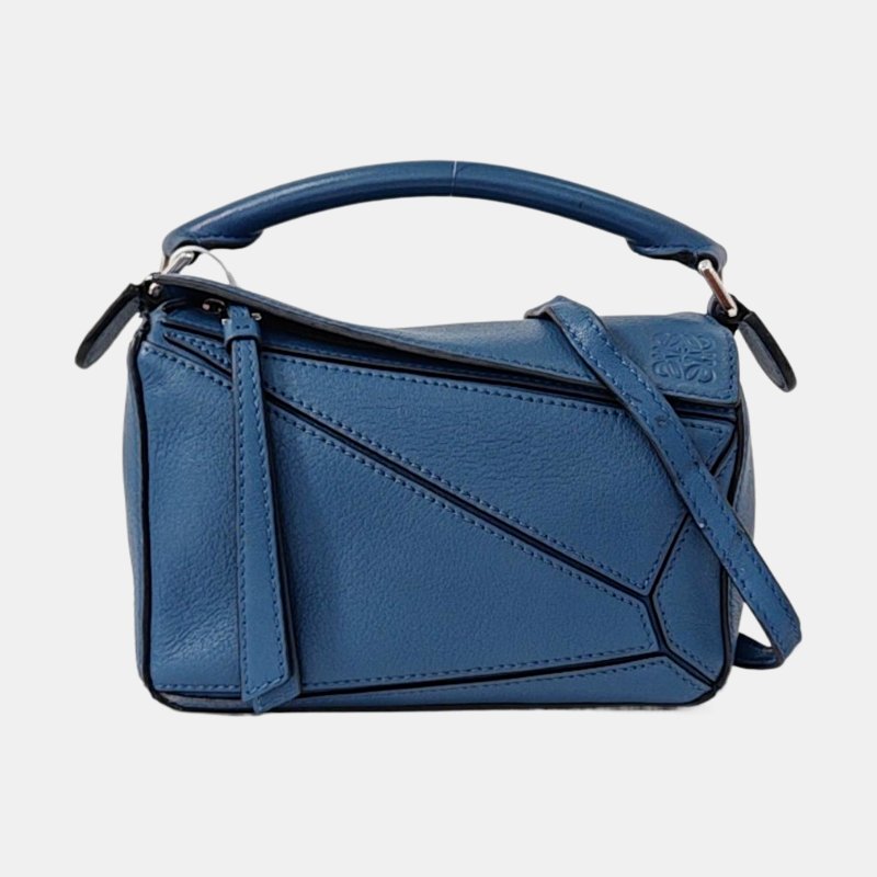 LOEWE Puzzle迷你藍色牛皮幾何包單肩包手提包斜挎包銀色五金可拆卸肩帶-7