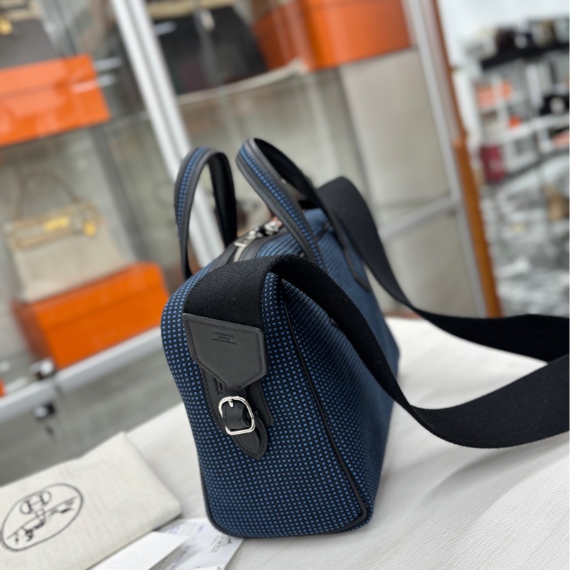 Hermes 靛藍格紋帆布拼皮 維多利亞25 W刻(鎖具丟失,商品不包括小馬僅供展示）-2