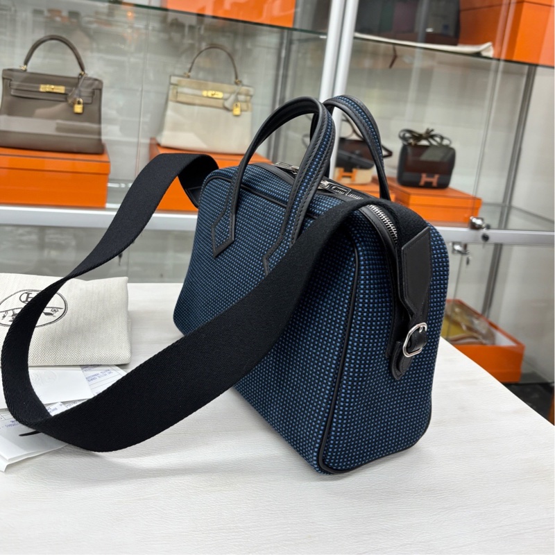 Hermes 靛藍格紋帆布拼皮 維多利亞25 W刻(鎖具丟失,商品不包括小馬僅供展示）-3
