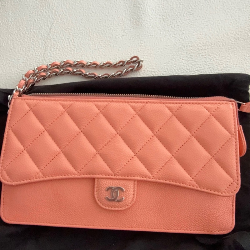 【全新品】Chanel香奈兒橘粉色荔枝紋牛皮鏈條手拿包證件票卡夾長夾-2