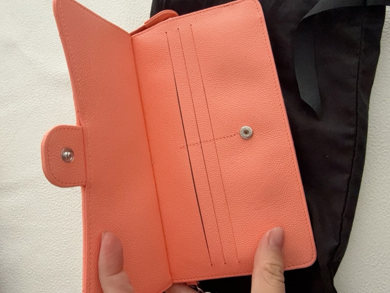 【全新品】Chanel香奈兒橘粉色荔枝紋牛皮鏈條手拿包證件票卡夾長夾-4