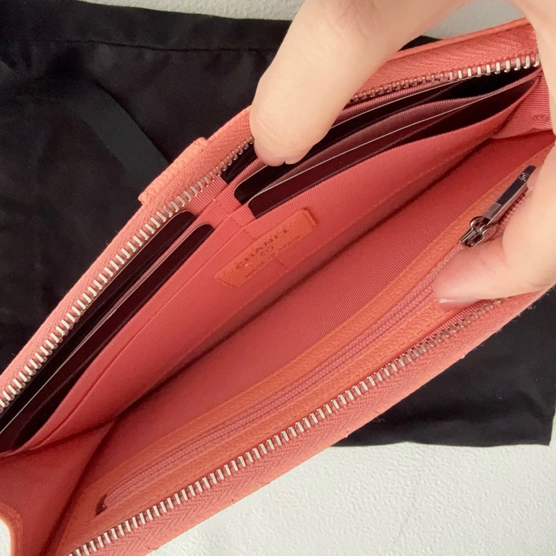 【全新品】Chanel香奈兒橘粉色荔枝紋牛皮鏈條手拿包證件票卡夾長夾-5