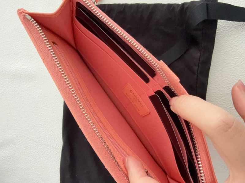 【全新品】Chanel香奈兒橘粉色荔枝紋牛皮鏈條手拿包證件票卡夾長夾-6