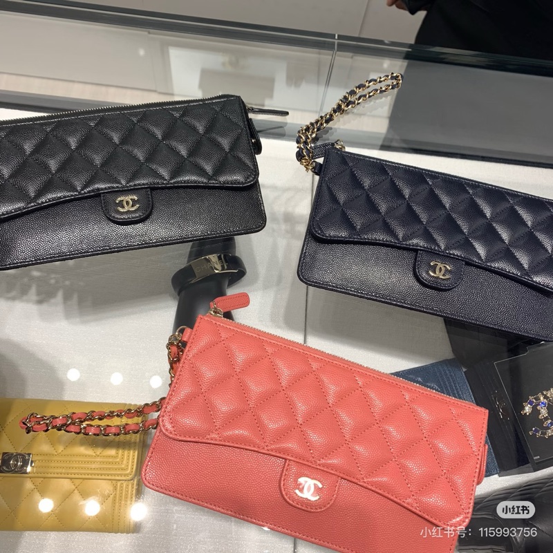 【全新品】Chanel香奈兒橘粉色荔枝紋牛皮鏈條手拿包證件票卡夾長夾-7