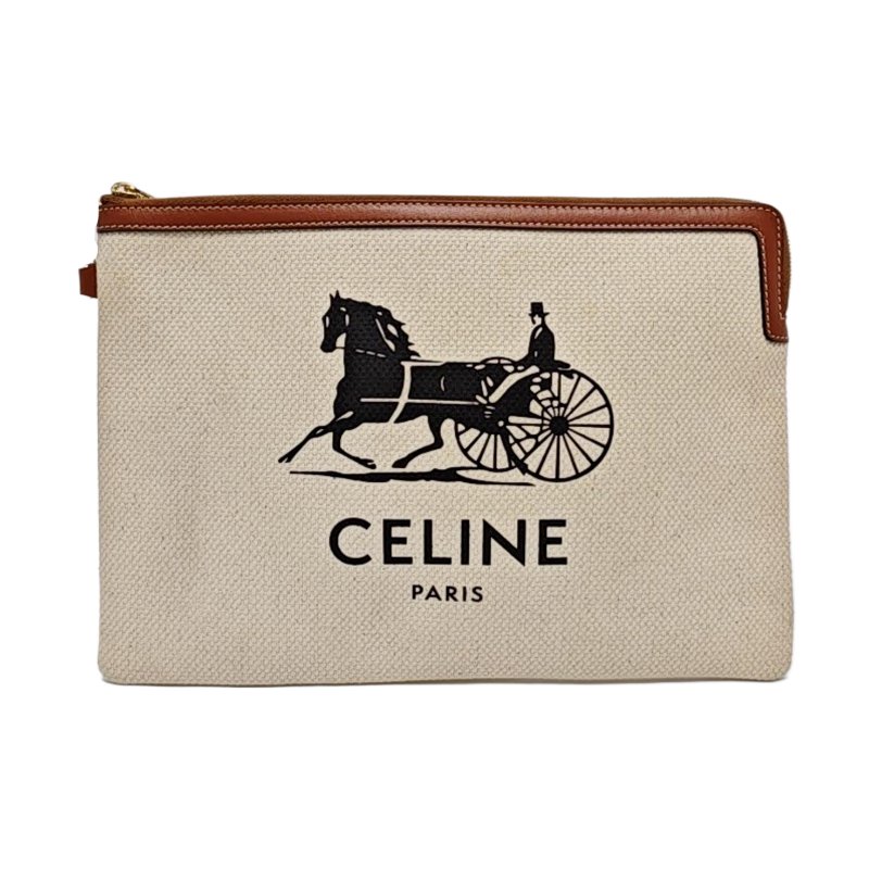 CELINE 白色牛皮印花手提包手拿包 金色五金-0