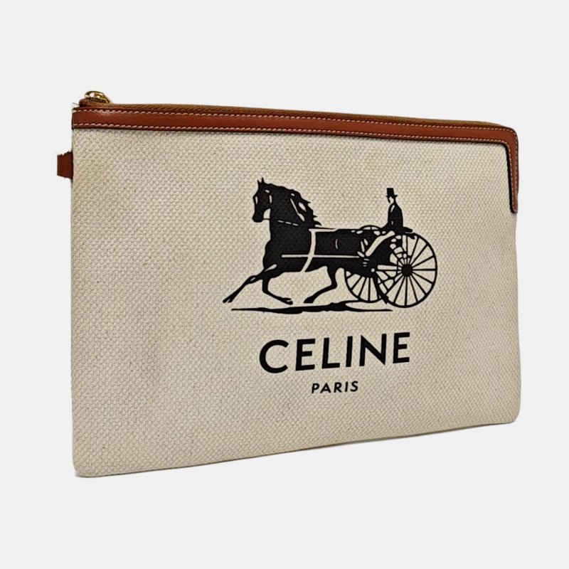 CELINE 白色牛皮印花手提包手拿包 金色五金-3