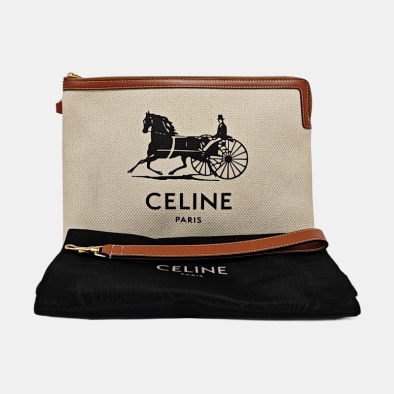 CELINE 白色牛皮印花手提包手拿包 金色五金-7