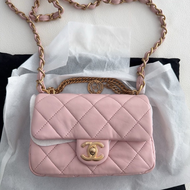 【全新品】香奈兒chanel 23s 金幣櫻花粉色鏈條包斜挎包 cf-0