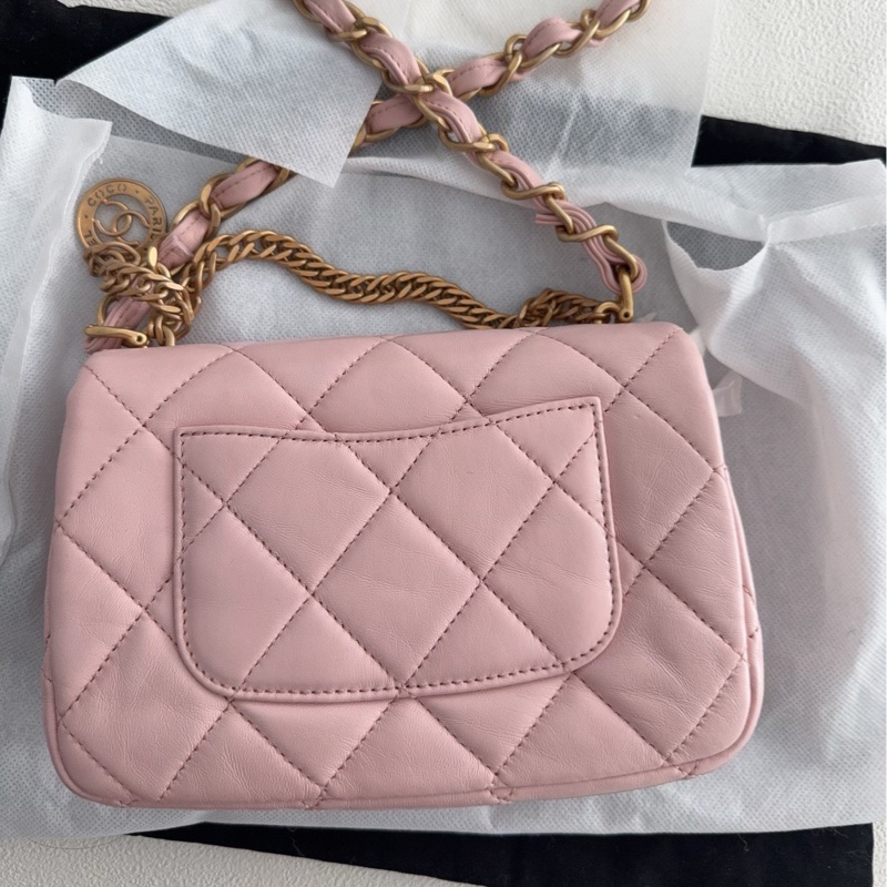 【全新品】香奈兒chanel 23s 金幣櫻花粉色鏈條包斜挎包 cf-1
