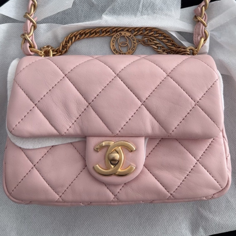 【全新品】香奈兒chanel 23s 金幣櫻花粉色鏈條包斜挎包 cf-2