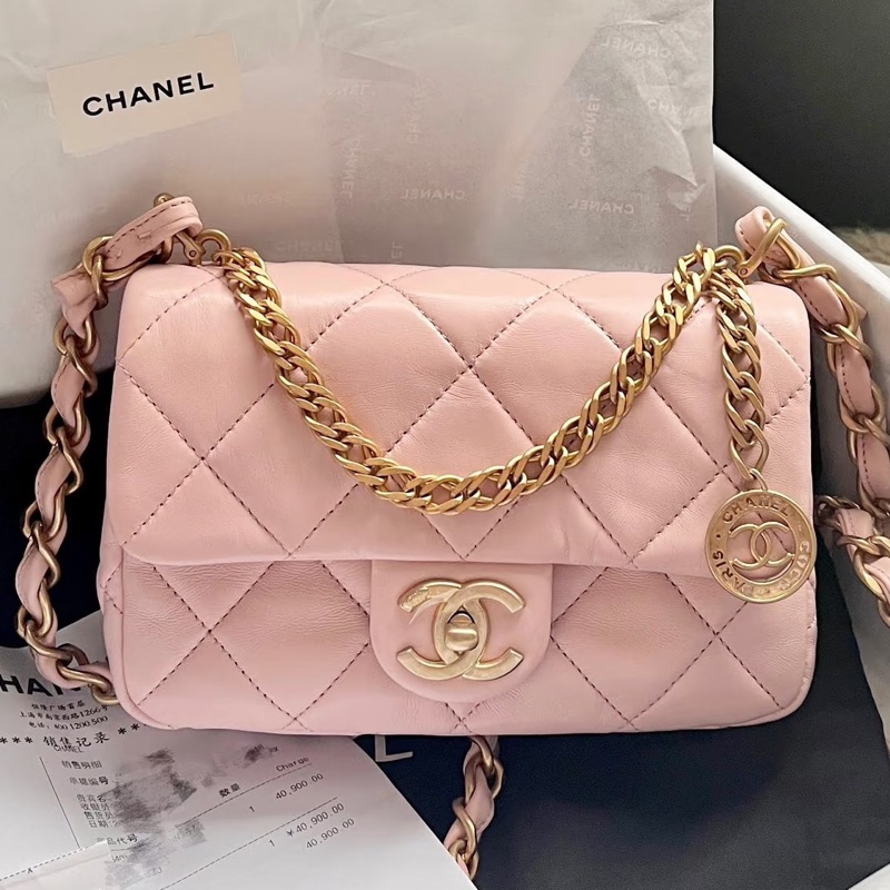 【全新品】香奈兒chanel 23s 金幣櫻花粉色鏈條包斜挎包 cf-7