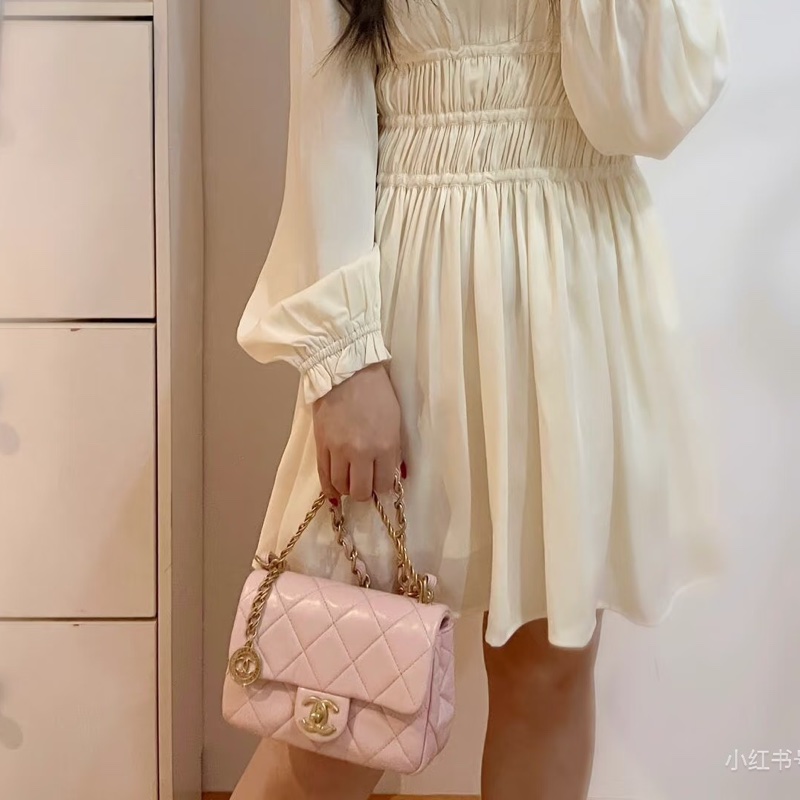 【全新品】香奈兒chanel 23s 金幣櫻花粉色鏈條包斜挎包 cf-9