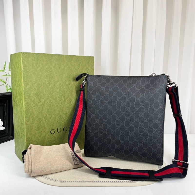 GUCC 男士斜挎包 黑色老花款 肩帶紅藍條紋 雙拉鏈設計-0