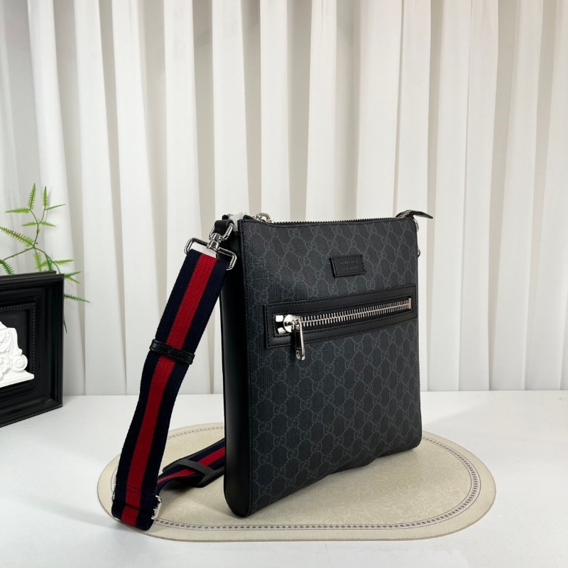 GUCC 男士斜挎包 黑色老花款 肩帶紅藍條紋 雙拉鏈設計-2