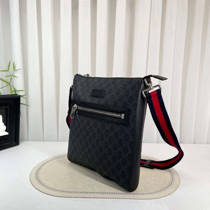 GUCC 男士斜挎包 黑色老花款 肩帶紅藍條紋 雙拉鏈設計-3