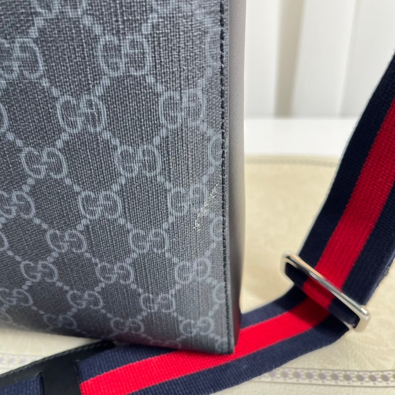 GUCC 男士斜挎包 黑色老花款 肩帶紅藍條紋 雙拉鏈設計-7