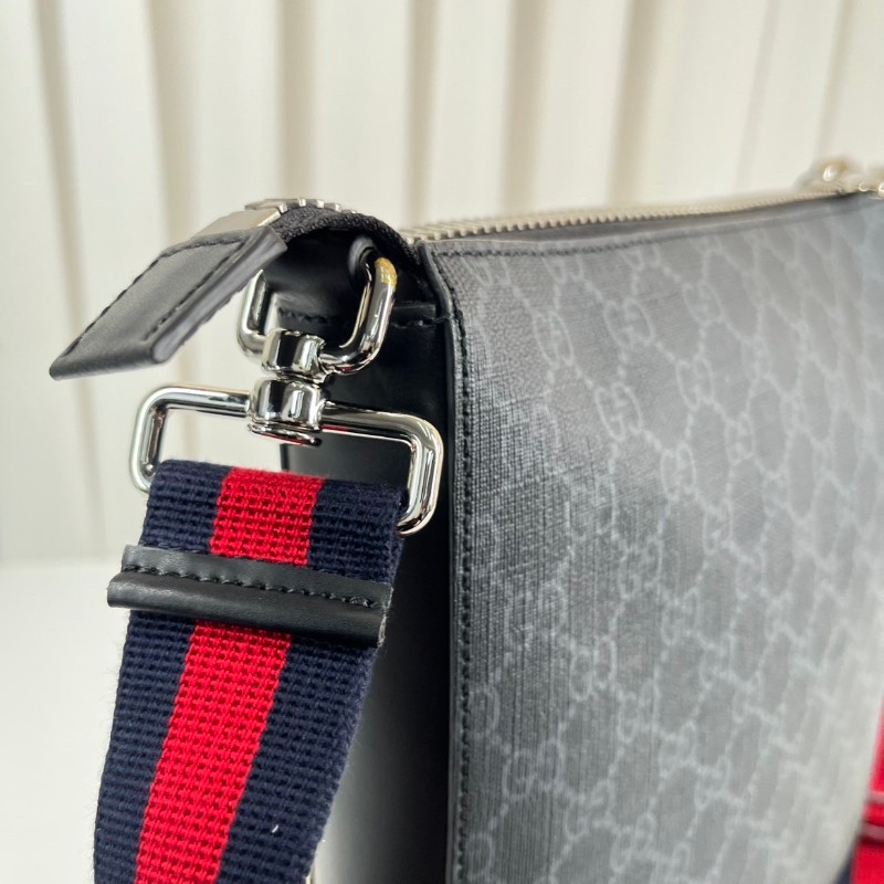 GUCC 男士斜挎包 黑色老花款 肩帶紅藍條紋 雙拉鏈設計-9