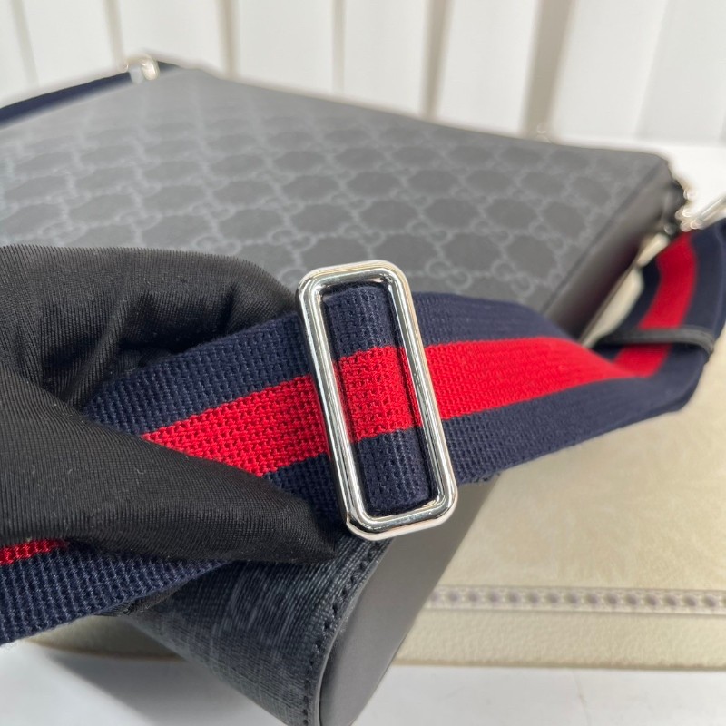 GUCC 男士斜挎包 黑色老花款 肩帶紅藍條紋 雙拉鏈設計-11