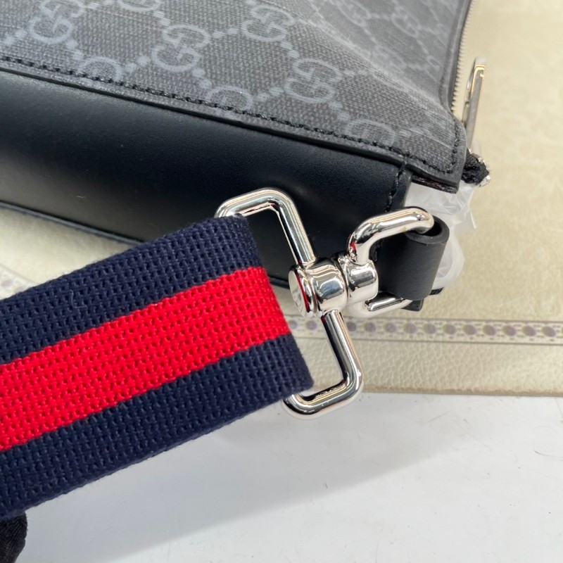 GUCC 男士斜挎包 黑色老花款 肩帶紅藍條紋 雙拉鏈設計-12