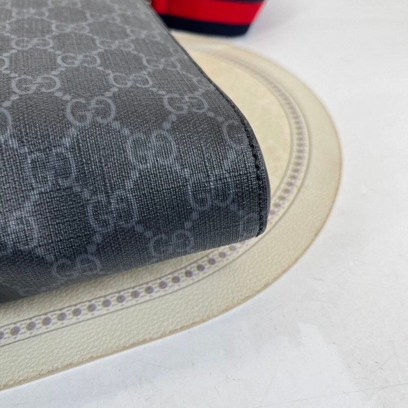 GUCC 男士斜挎包 黑色老花款 肩帶紅藍條紋 雙拉鏈設計-14