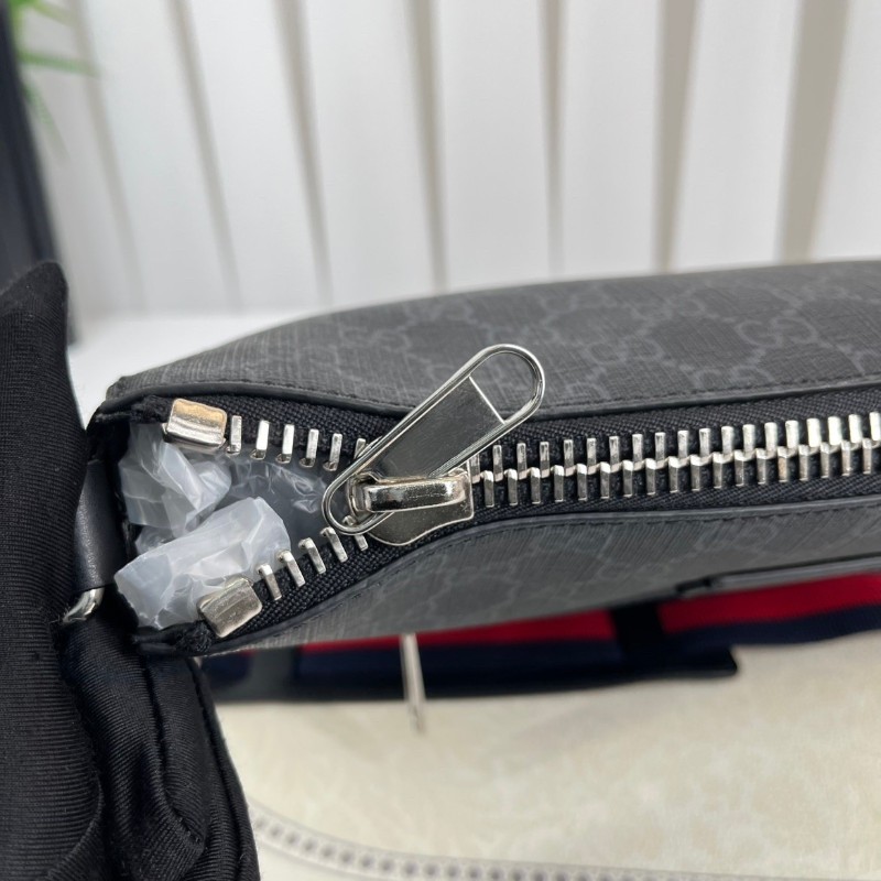 GUCC 男士斜挎包 黑色老花款 肩帶紅藍條紋 雙拉鏈設計-24