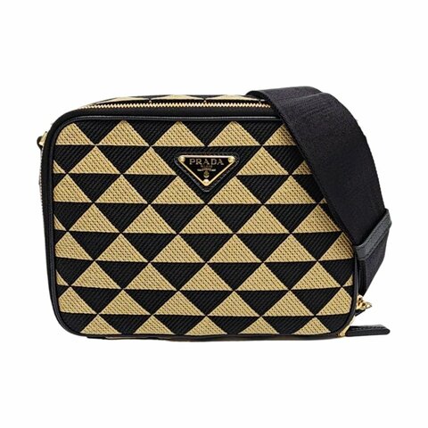 PRADA Brique棕色帆布徽標單肩包斜挎包 金色五金 可拆卸肩帶 9.8新