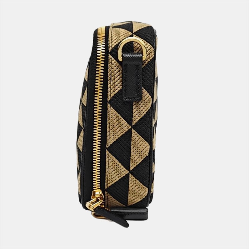 PRADA Brique棕色帆布徽標單肩包斜挎包 金色五金 可拆卸肩帶 9.8新-2
