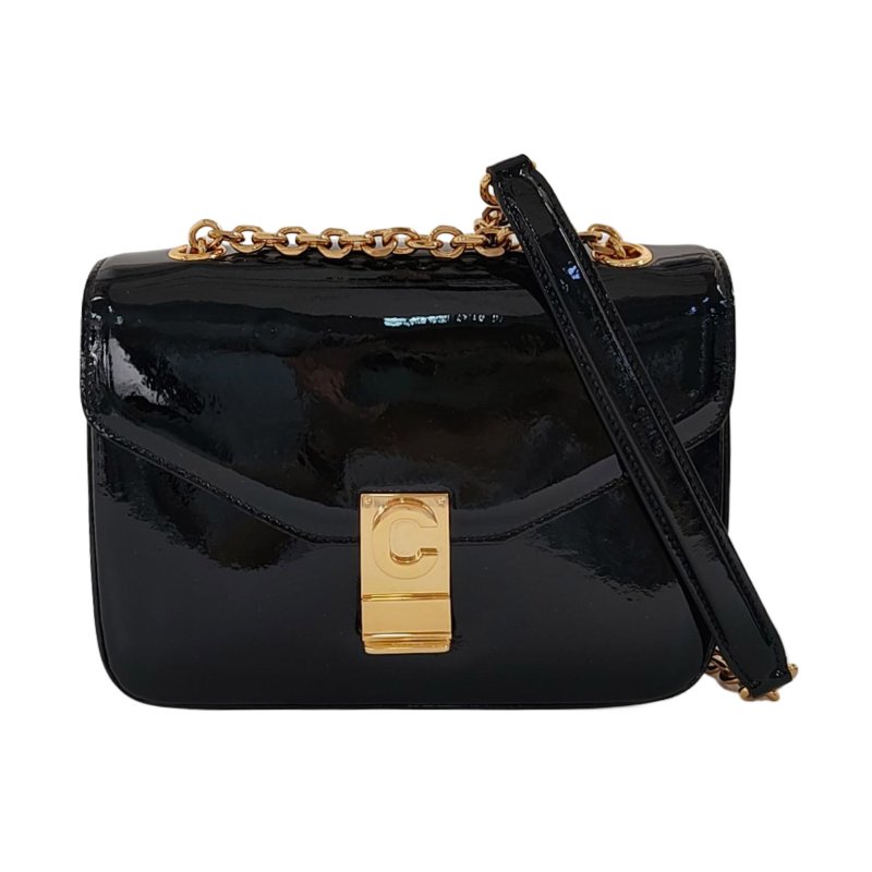 CELINE C 黑色漆皮單肩包 金色五金-0