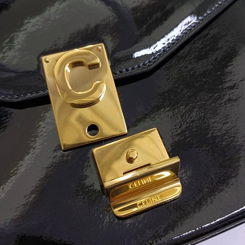 CELINE C 黑色漆皮單肩包 金色五金-9