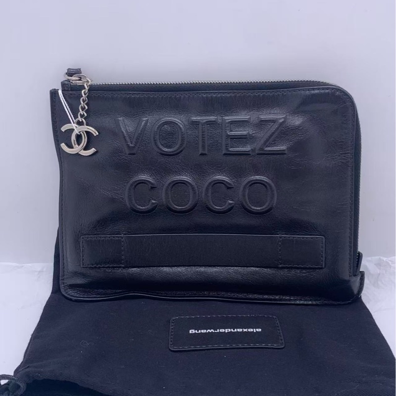 二手Chanel香奈兒votez coco黑色字母牛蠟皮手包，鐳射20開-0