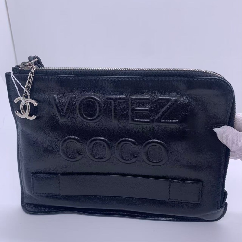 二手Chanel香奈兒votez coco黑色字母牛蠟皮手包，鐳射20開-1