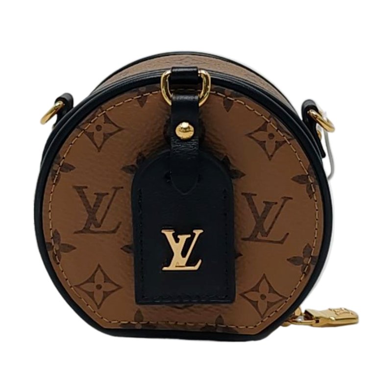 LOUIS VUITTON BOITE CHAPEAU 卡其色塗層帆布老花圓餅包單肩包金色五金可拆卸肩帶 9.8新-0